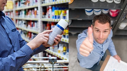 Person läser text på sprayburk som innehåller kemikalier och en man ger tummen upp (två bilder). 