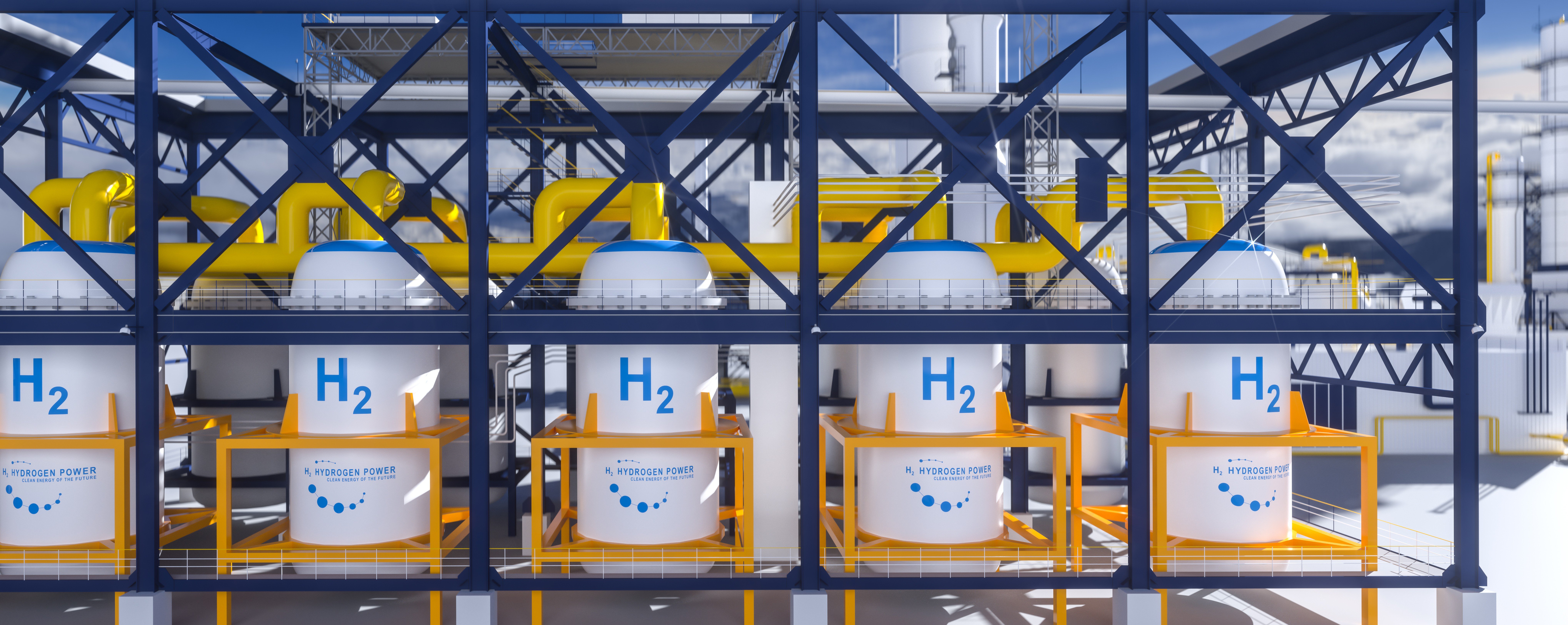 Industrial hydrogen power facility with large H2 storage tanks, pipes, and metal framework.