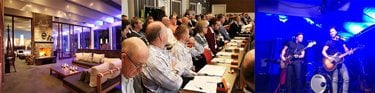 Interiör av en hotelllobby med öppen spis och sittplatser; ett konferensrum med personer som lyssnar; en scen med musiker som spelar gitarr och basgitarr.