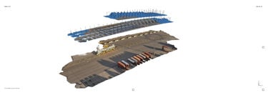 3D aerial view of an industrial site featuring rows of parked trucks, an adjacent warehouse with a blue roof, and surrounding infrastructure