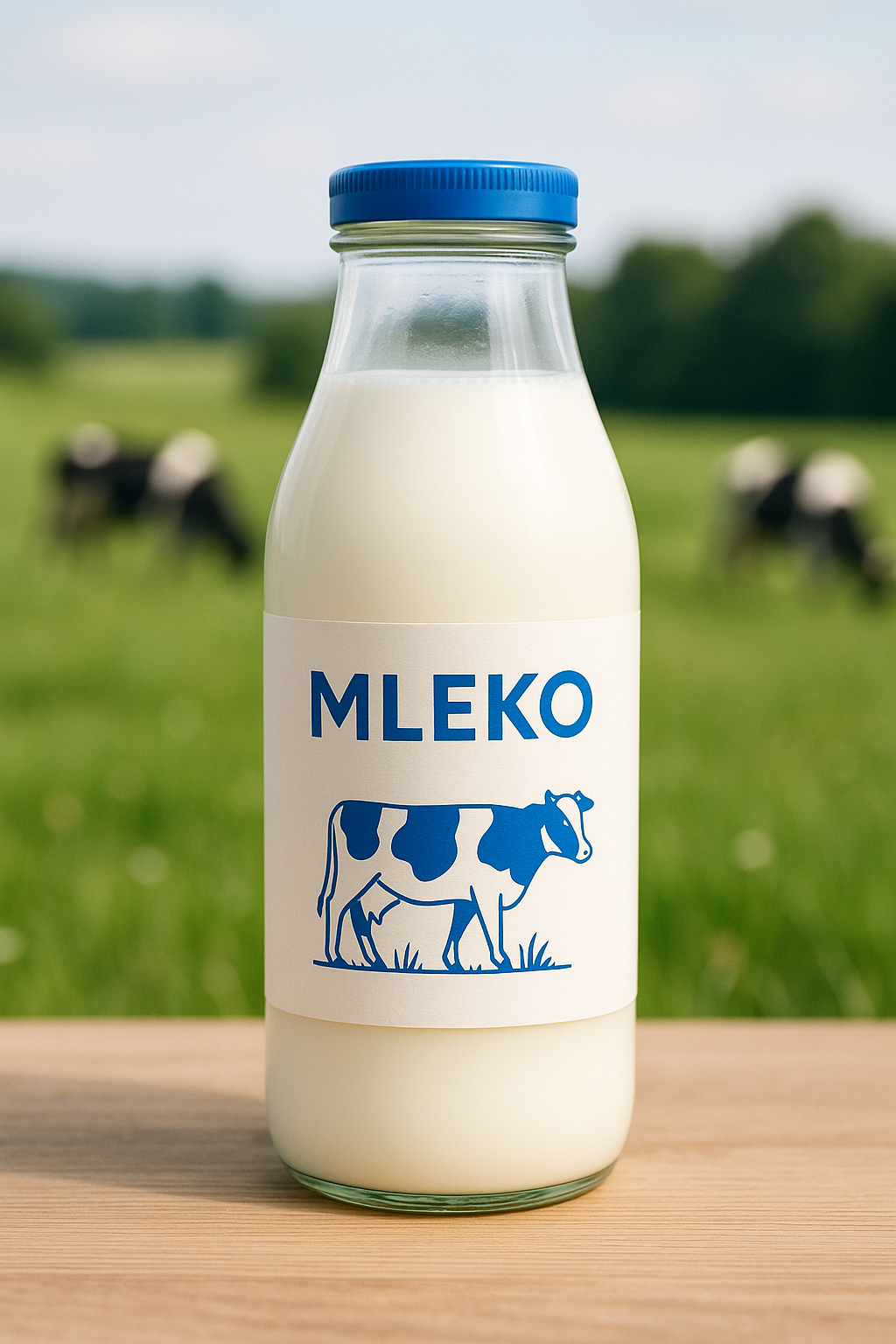 Butelka mleka stojąca na drewnianym blacie, w tle zielone pastwisko z pasącymi się krowami.