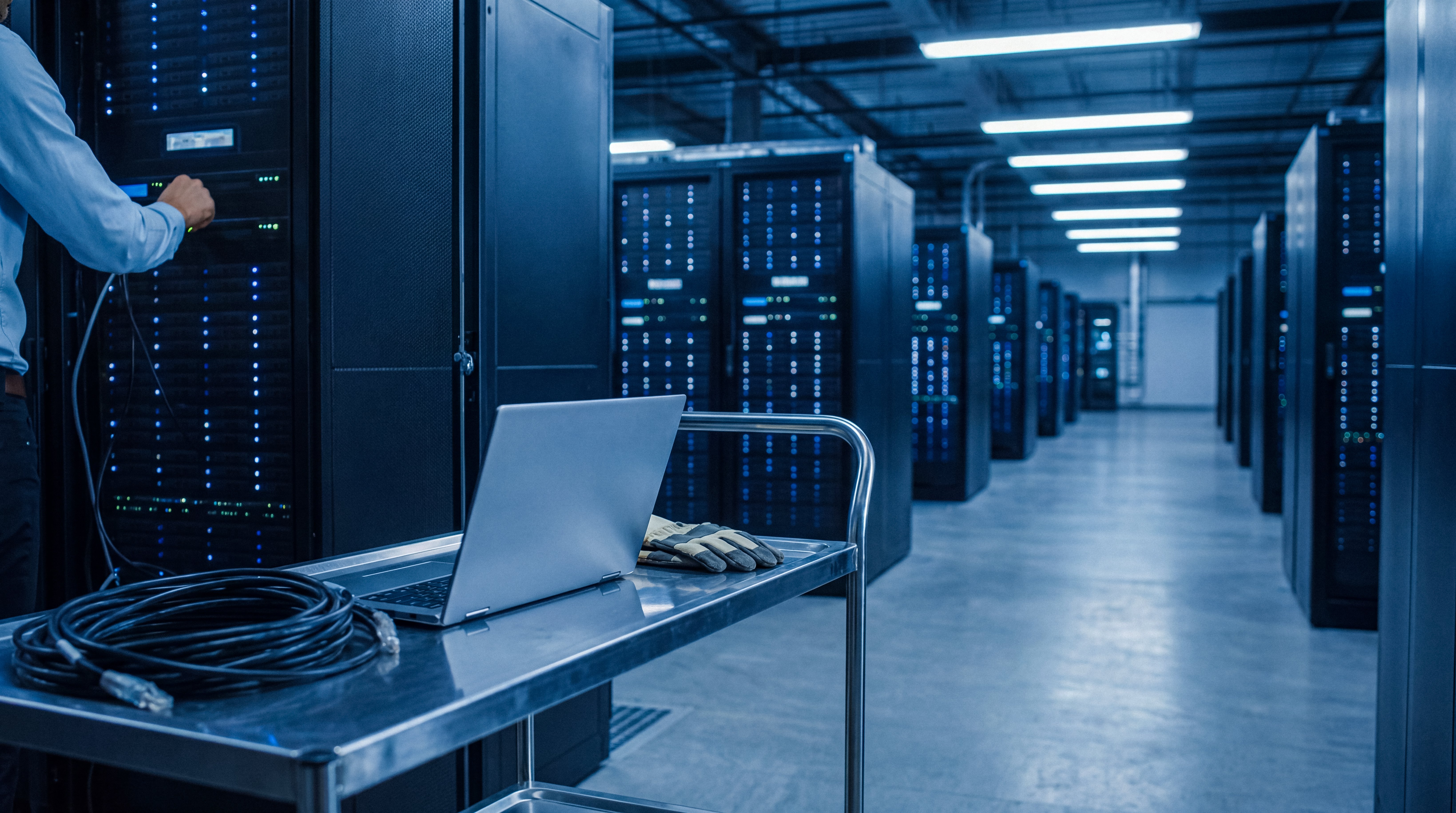 Person working in a data center infrastructure among servers