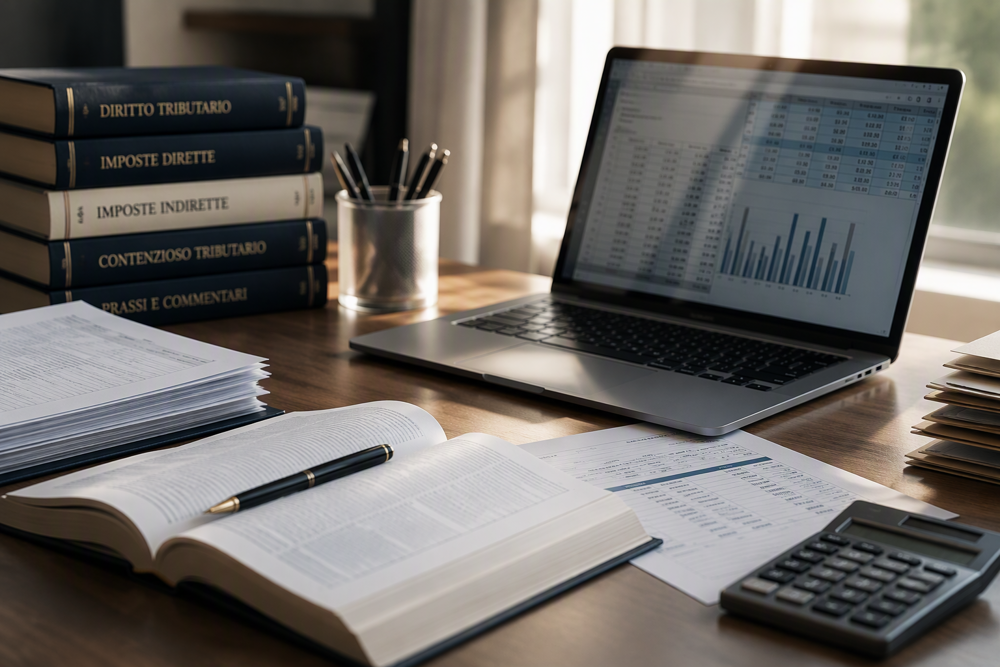 Professionista fiscale che analizza dati contabili, documenti fiscali e normative utilizzando strumenti di intelligenza artificiale in ambiente professionale