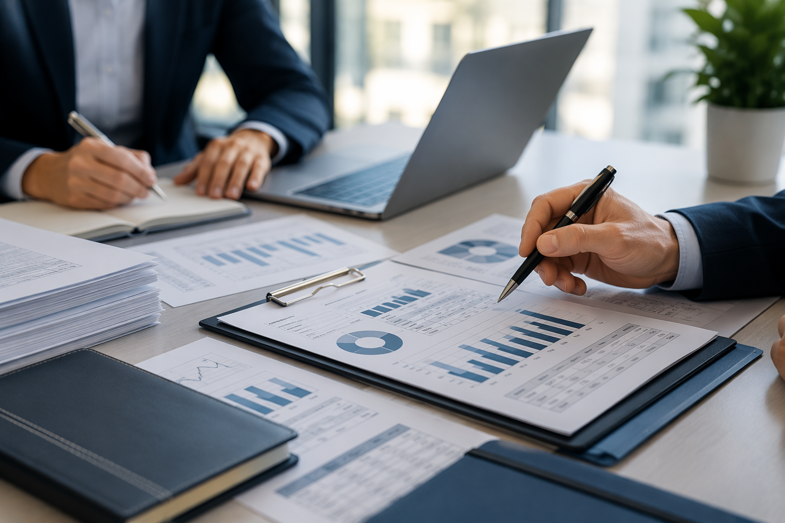 Auditor che esaminano report, indicatori di performance e documentazione di sistema durante un audit di qualità in ambiente professionale.