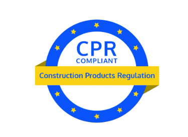 CPR Compliant logo featuring a blue circular ring with yellow EU stars, the text &ldquo;CPR Compliant&rdquo; in the center, and a yellow banner reading &ldquo;Construction Products Regulation&rdquo; against a white background.