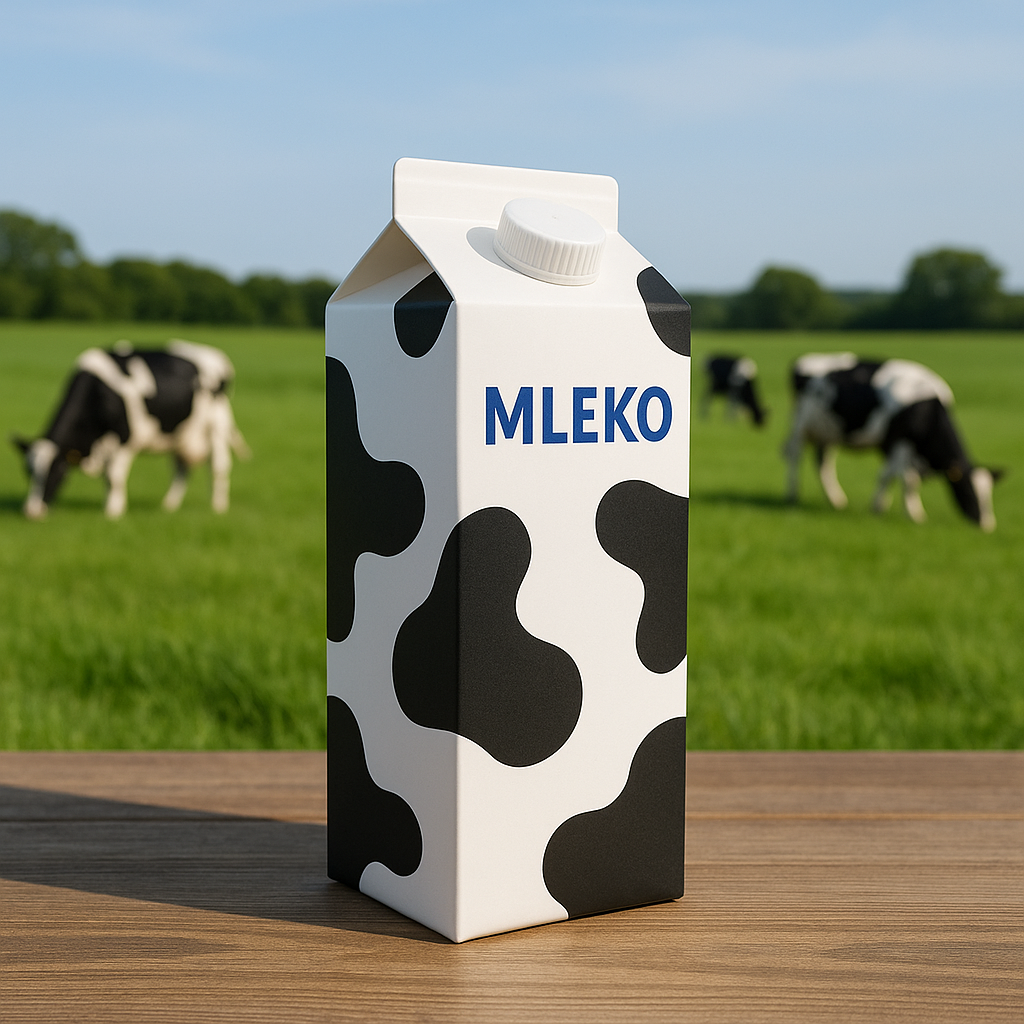 Mleko na stole, w tle czarno-białe krowy