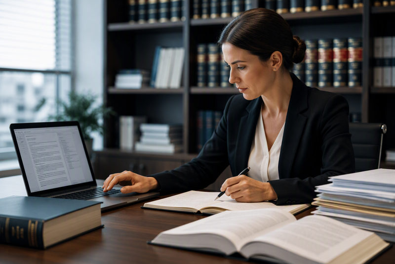 Professionista del settore legale che utilizza strumenti di intelligenza artificiale per analizzare documenti, fascicoli e contratti in uno studio professionale