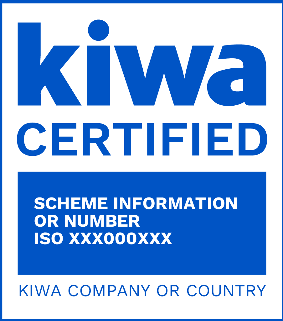 Blue and white Kiwa Certified label with a textbox showing scheme information and ISO number, and 'Kiwa Company or Country' at the bottom.