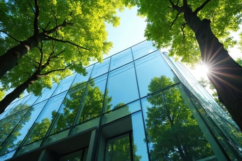New glass building surrounded by green trees with shining sun