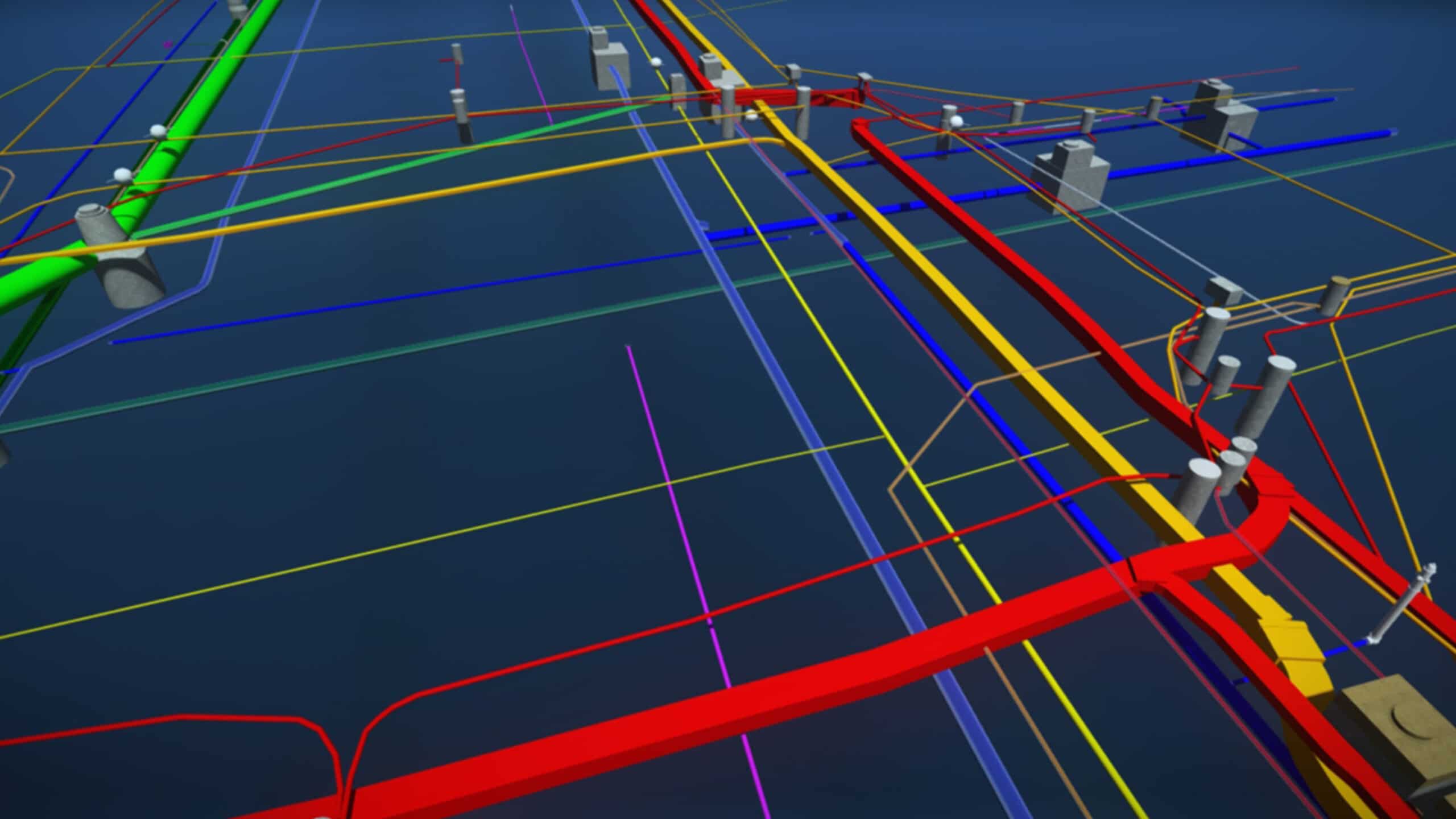 3D network diagram with colourful intersecting lines and nodes on a blue background, showing data or infrastructure connections.