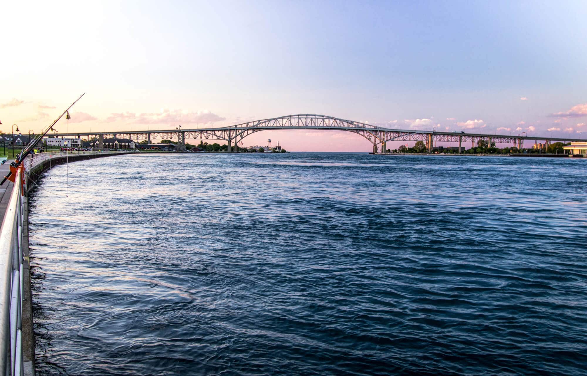 Blue water bridge spanning between Port Huron, Michigan and Point Edward and Sarnia, Ontario