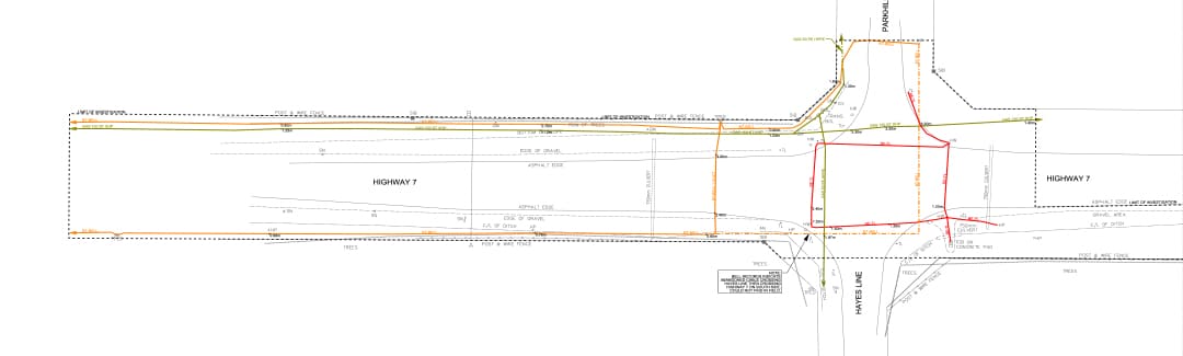 Engineering site plan showing Highway 7 with marked route lines, boundaries, and intersection details.