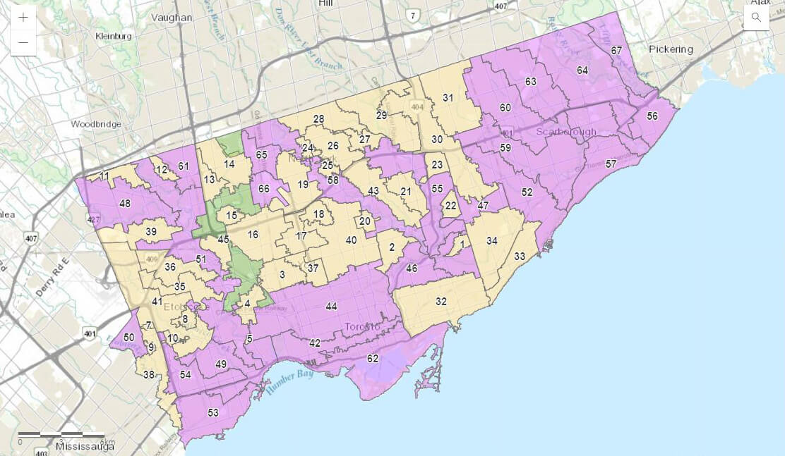 Colour-coded map of Toronto and surrounding areas with numbered district boundaries over a street and shoreline background.
