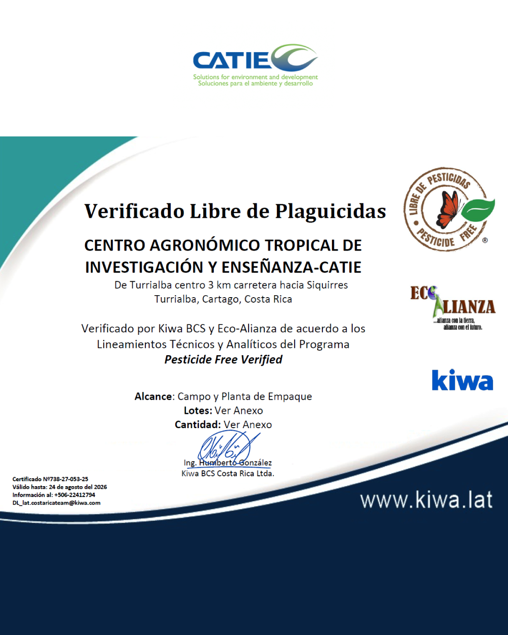 Certificado CENTRO AGRONÓMICO TROPICAL DE INVESTIGACIÓN Y ENSEÑANZA-CATIE