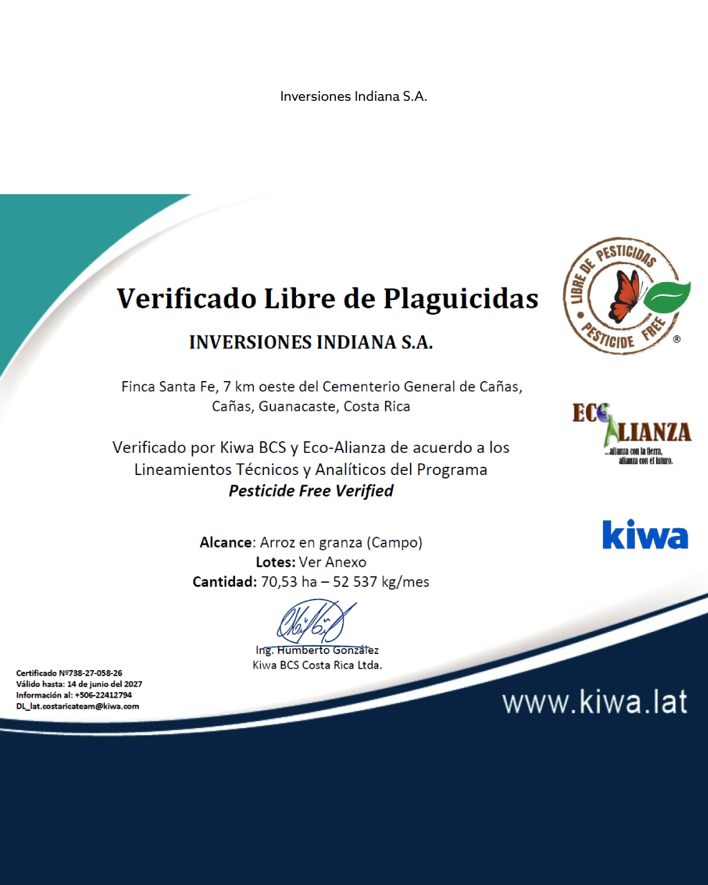 Certificado INVERSIONES INDIANA S.A.