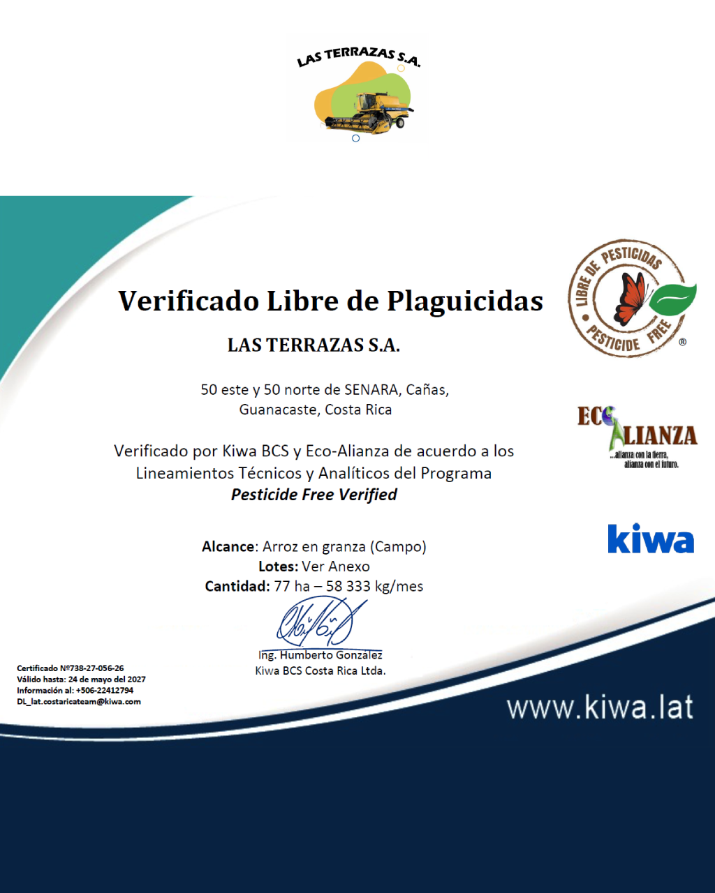 Certificado LAS TERRAZAS S.A.