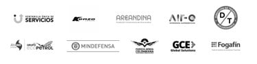 Logos de Ventanilla Única de Servicios, Kenzo, Areandina, AIR-e, Dirección de Tránsito de Bucaramanga, Alcans, Grupo Ecopetrol, MinDefensa, Fuerza Aérea Colombiana, GCE Global Solutions y Fogafín sobre fondo blanco.
