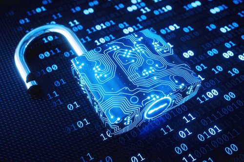 Open digital padlock with circuit board design surrounded by binary code, symbolizing cybersecurity and data protection