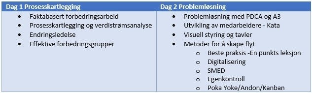Lean Gr&oslash;nt Belte kursinnhold dag 1 og 2 