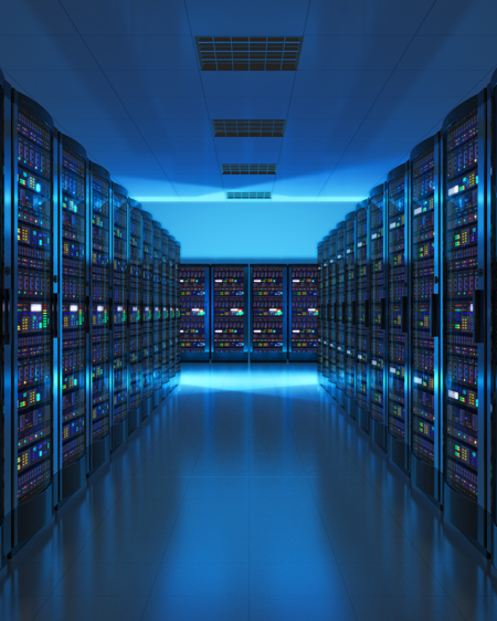 Modern data center interior with rows of illuminated server racks, showcasing advanced technology infrastructure and network connectivity