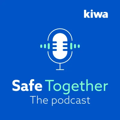 A blue graphic featuring a white microphone illustration surrounded by sound wave symbols, with the text "Safe Together - The podcast" and "kiwa" logo in the top right corner.