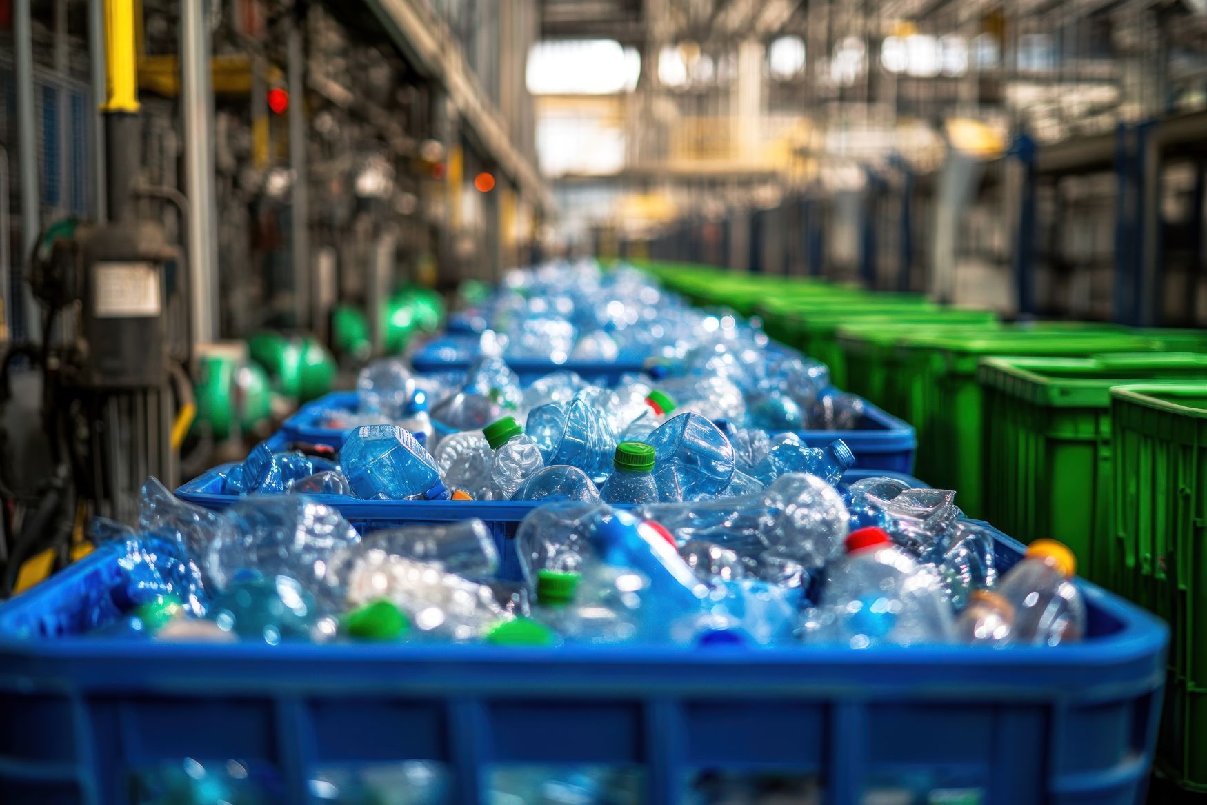 Recycling facility with a conveyor belt packed with buckets full of recycled bottles