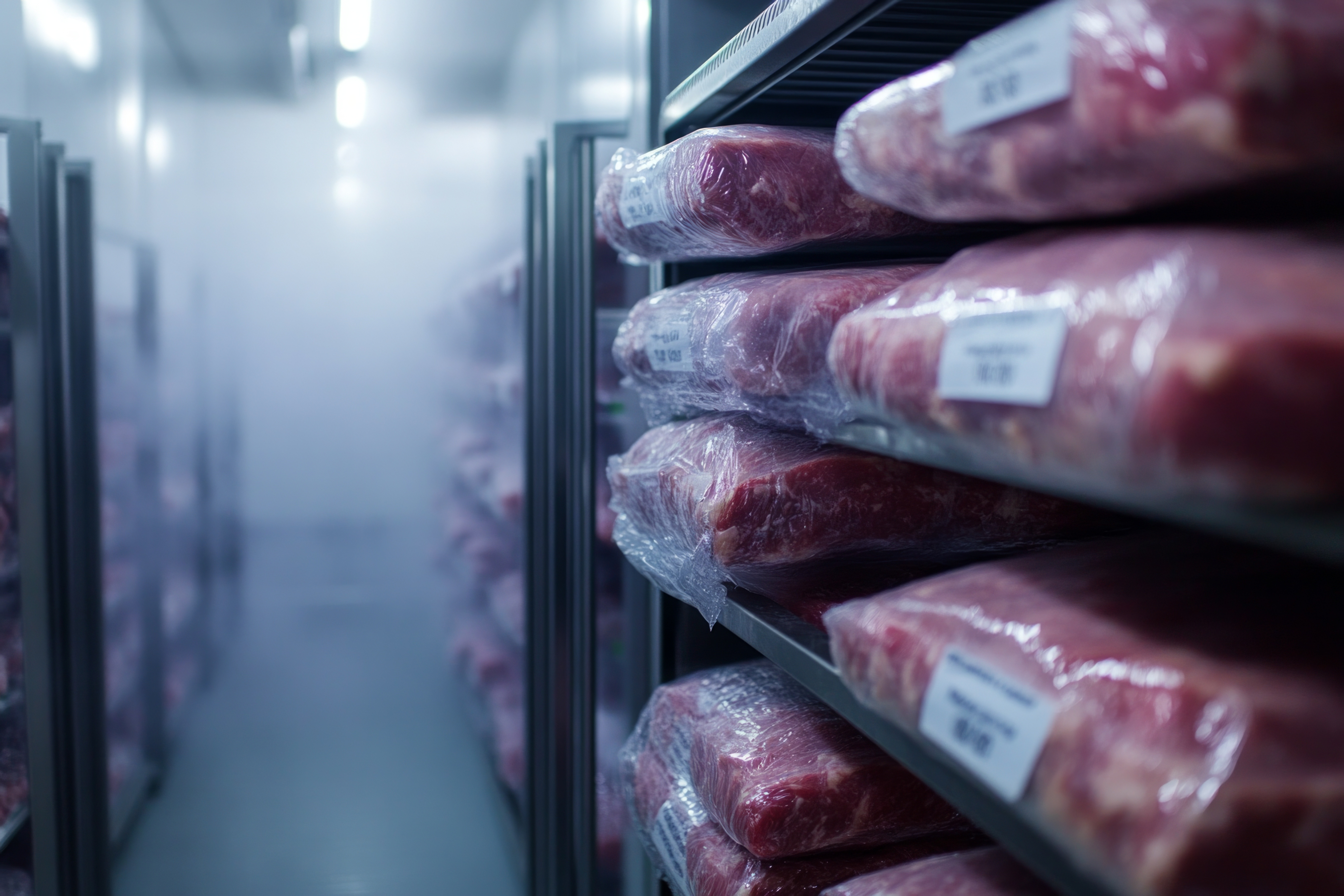 Frozen meat packages on shelves inside a commercial walk-in freezer, showcasing organized storage