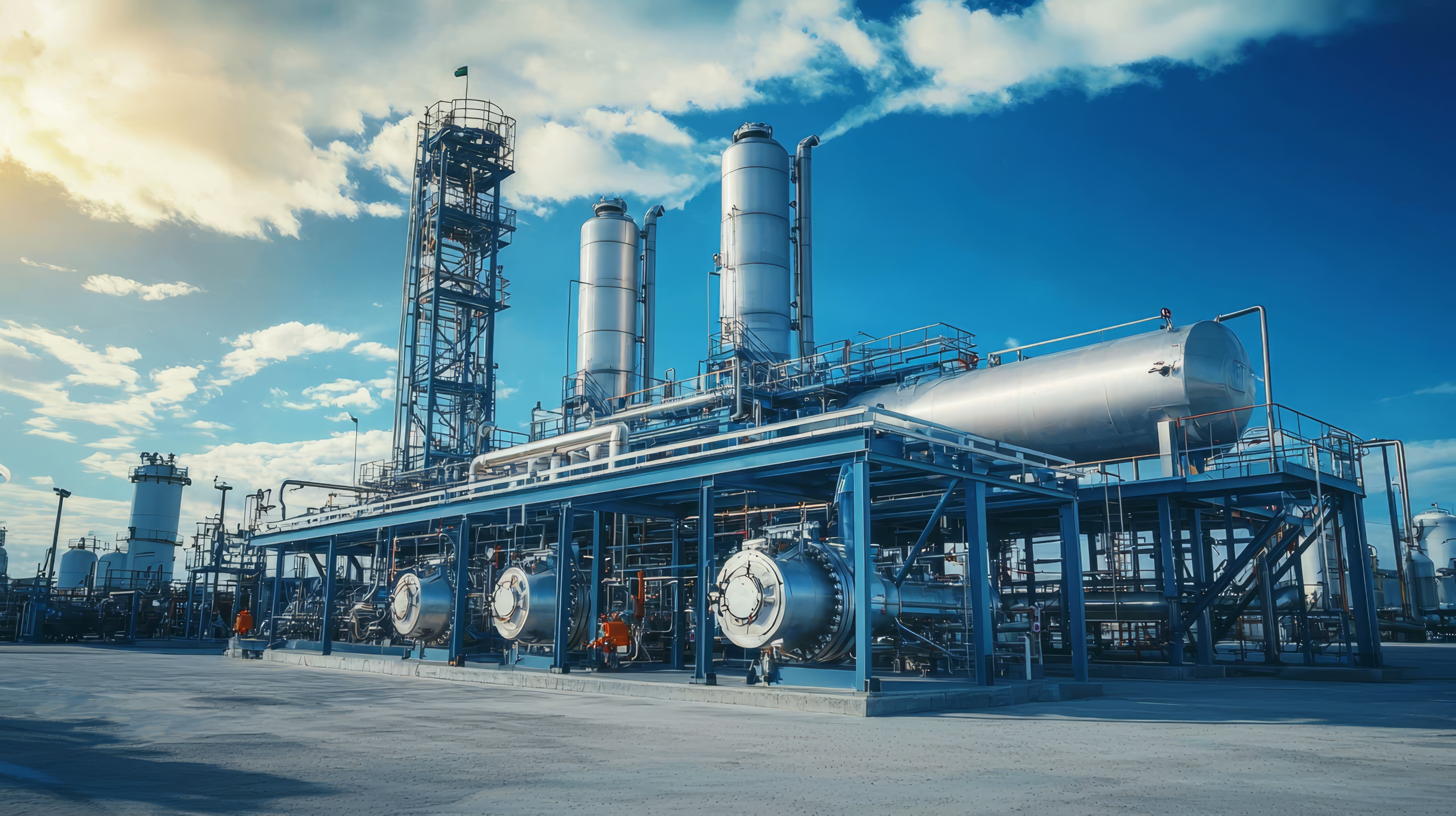 Industrial facility under a blue sky, during a Kiwa audit, featuring large metal structures and cylindrical containers, showcasing a modern processing plant