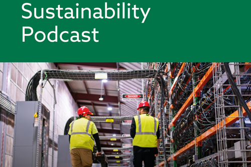 The Kiwa Sustainability Podcast graphic with two workers in hard hats and high-visibility vests walking through an industrial facility with cable racks.