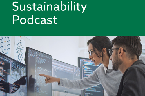 Promotional graphic for The Kiwa Sustainability Podcast with a green header and two people looking at computer screens in an office, one pointing at code on a monitor.
