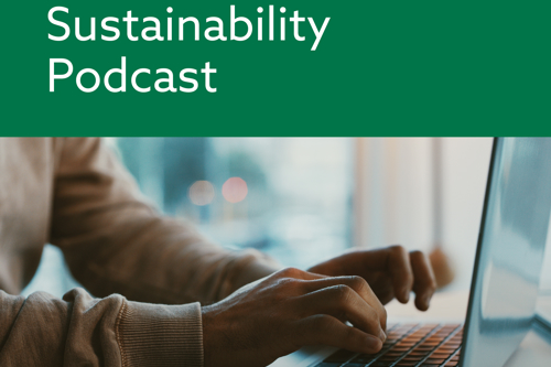 The Kiwa Sustainability Podcast cover with hands typing on a laptop and Kiva logo on a green background