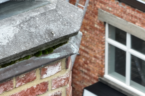 Footage of an old brick chimney with moss growth from a facade inspection, showing building exterior and window in the background, captured from a high angle