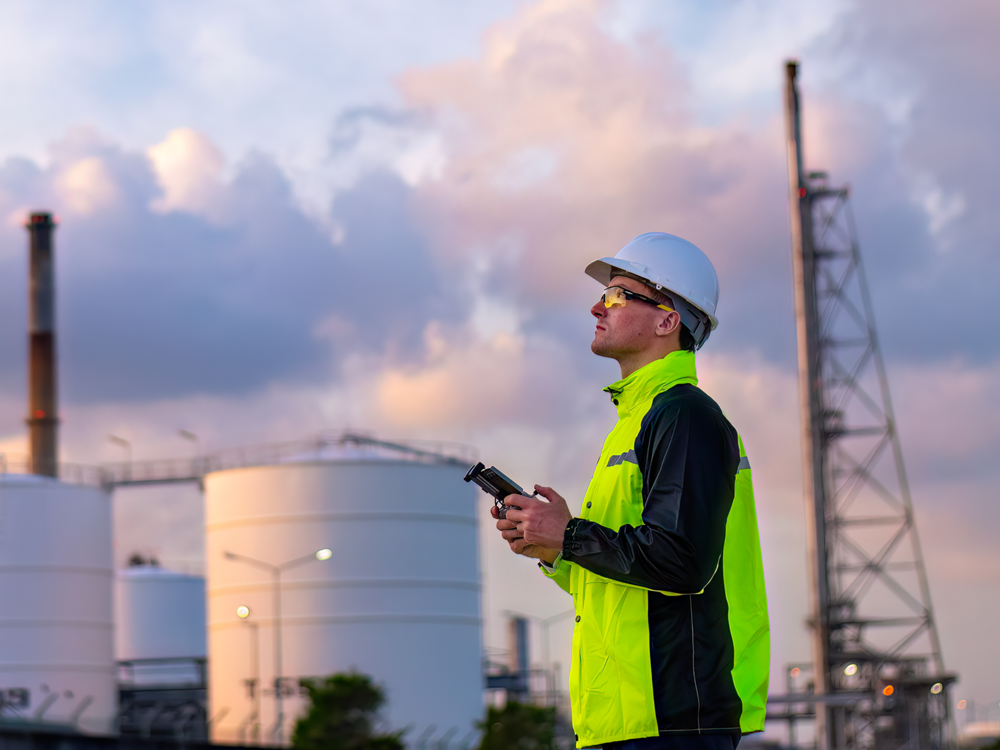 Kiwa drone pilot in high-visibility jacket and hard hat inspecting an industrial refinery with the help of a drone, with storage tanks and smokestacks in the background
