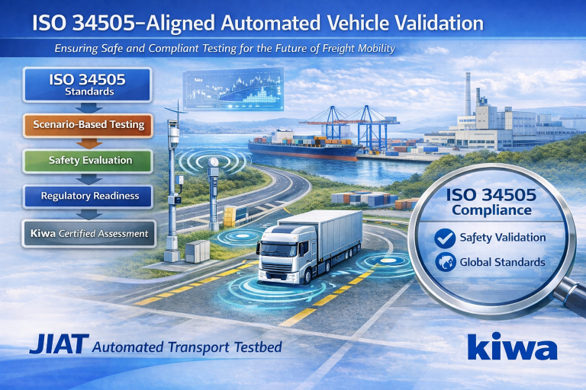 ISO 34505 automated vehicle validation infographic with a freight truck on a test road, compliance checklist, and transportation port background.