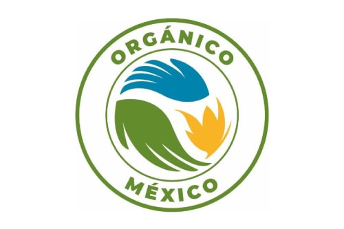 Logotipo circular con texto "Orgánico México", incluye diseño de hojas verdes, azules y amarillas entrelazadas en el centro.