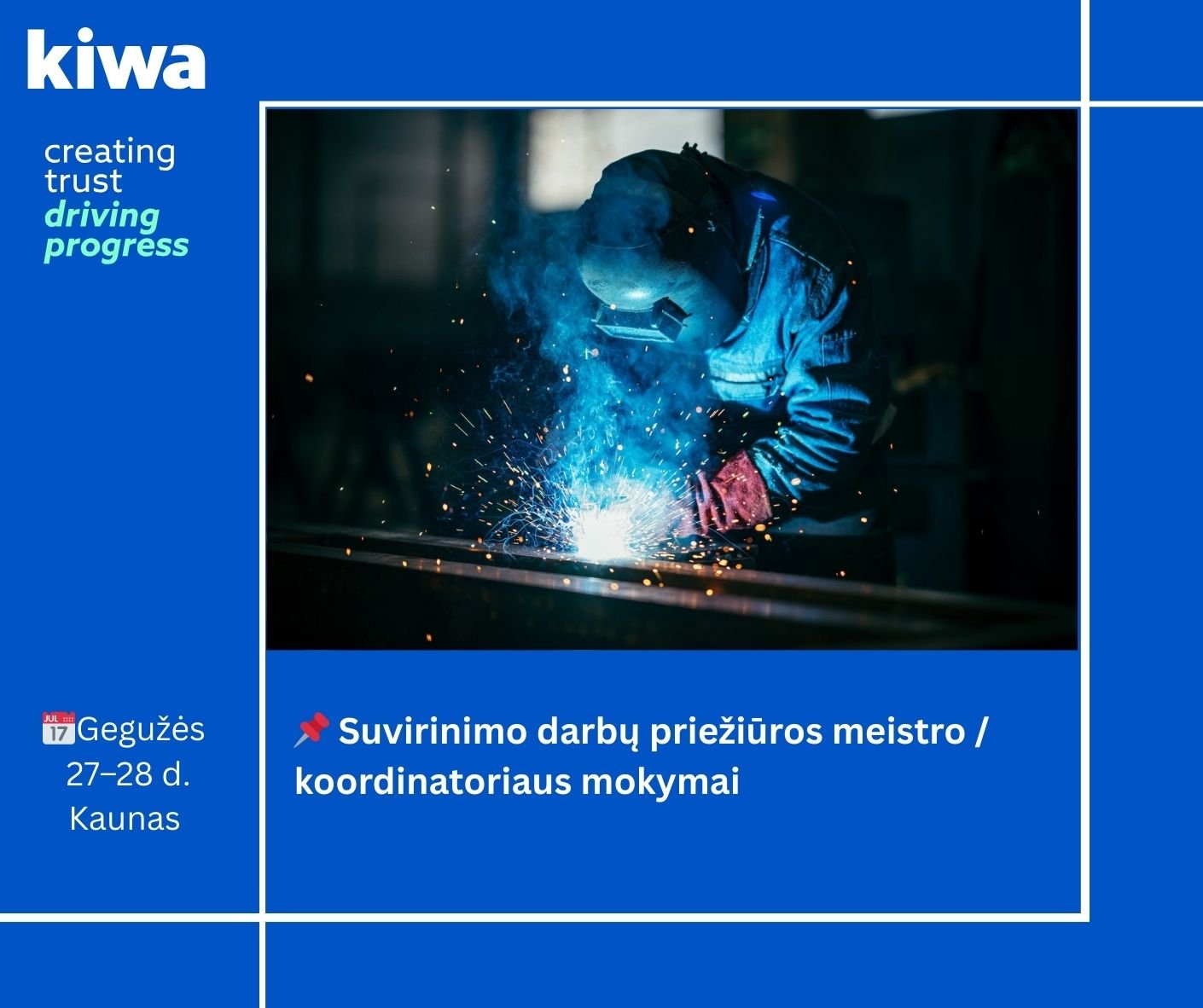 Suvirintojas dirba suvirinimo aparatu, aplink matomos ryškios elektros lanko kibirkštys.