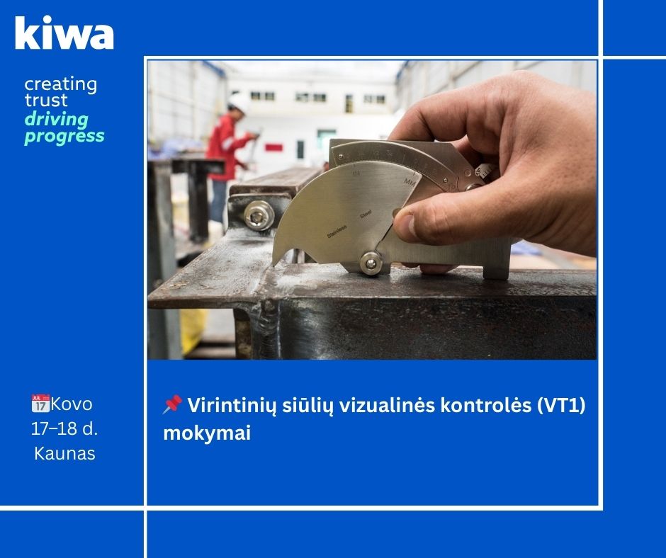 Asmens ranka tikrina šlifavimo diską metalinio paviršiaus fone, reklaminis mokymų skelbimas su tekstu apie virintinių siūlių vizualinę kontrolę VT1 Kaune.