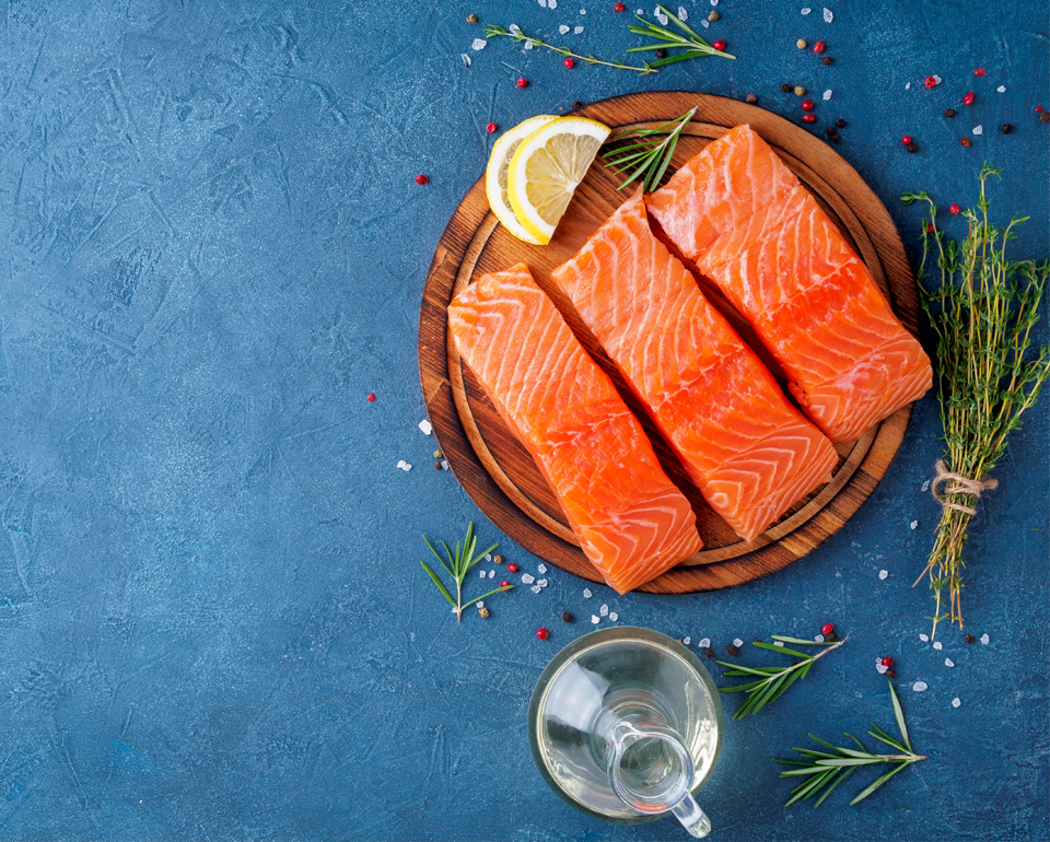 Fresh salmon filet on tray