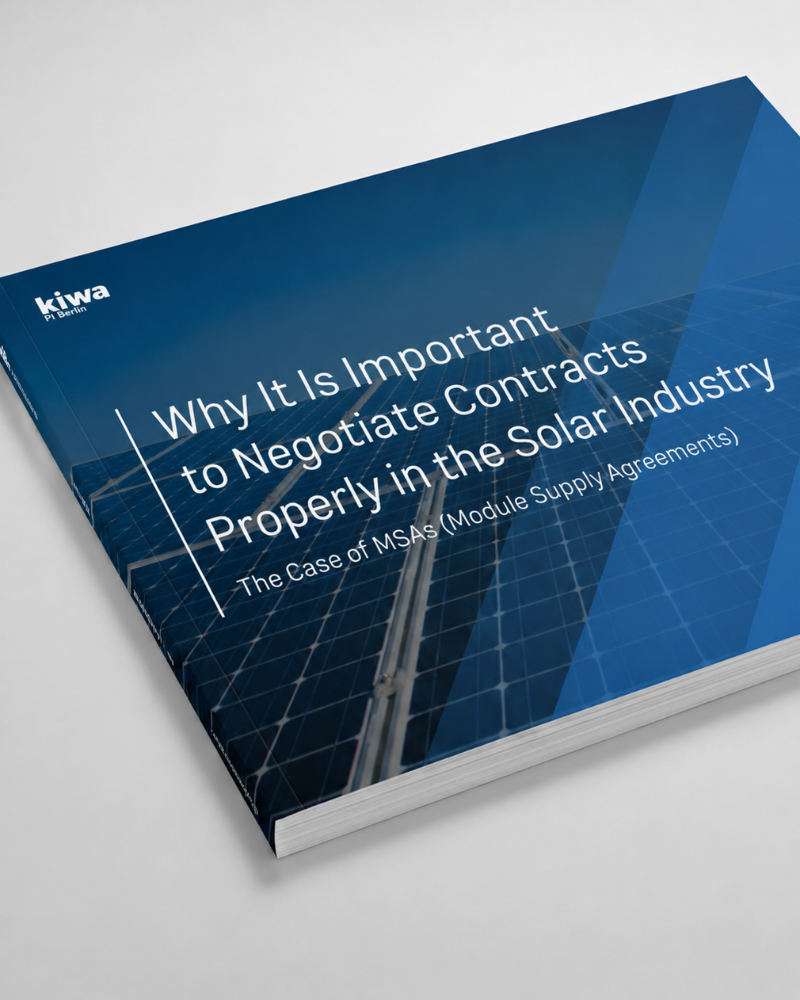 Blue brochure cover about solar industry contracts with solar panel imagery and the title “Why It Is Important to Negotiate Contracts Properly in the Solar Industry”.