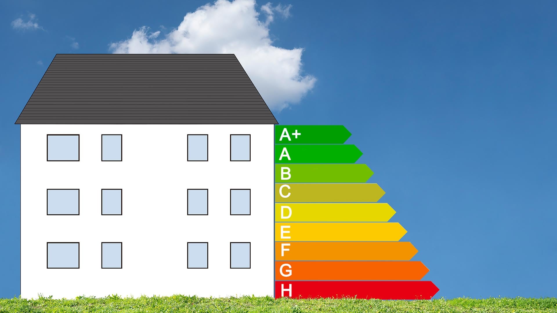 Illustration av ett vitt hus med energiklassificeringsskala från A+ till H mot blå himmel.