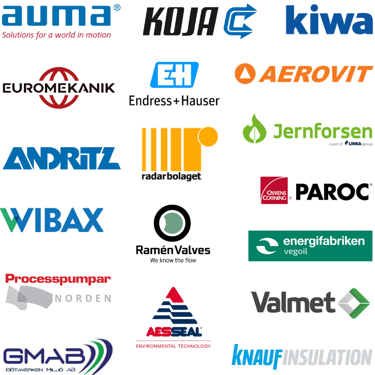 Logotyper för flera utställarföretag under Kraftvärmedagarna, inklusive AUMA, KOJA, Kiwa, Euromekanik, Endress+Hauser, Aerovit, Andritz, Radarbolaget, Jernforsen, Wibax, Ramén Valves, Energifabriken, Paroc, Processpumpar Norden, Aesseal, Valmet, GMAB och Knauf Insulation.