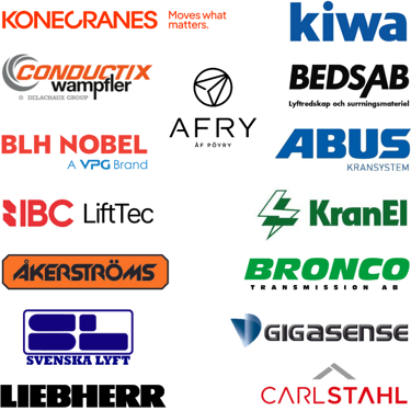 Collage med logotyper för Konecranes, Kiwa, Conduitx Wampfler, Bedsab, KranEl, BLH Nobel, IBC LiftTec, ABUS Kransystem, Åkerströms och Bronco Transmission AB.