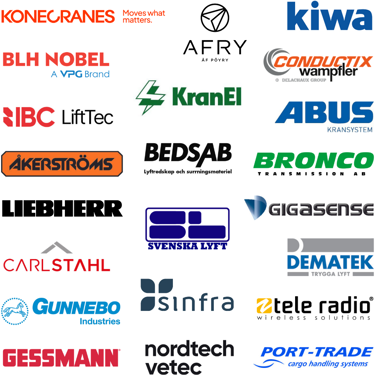 Collage med logotyper för Konecranes, Kiwa, Conduitx Wampfler, Bedsab, KranEl, BLH Nobel, IBC LiftTec, ABUS Kransystem, Åkerströms och Bronco Transmission AB.
