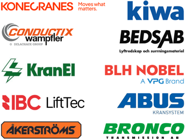 Collage med logotyper för Konecranes, Kiwa, Conduitx Wampfler, Bedsab, KranEl, BLH Nobel, IBC LiftTec, ABUS Kransystem, Åkerströms och Bronco Transmission AB.