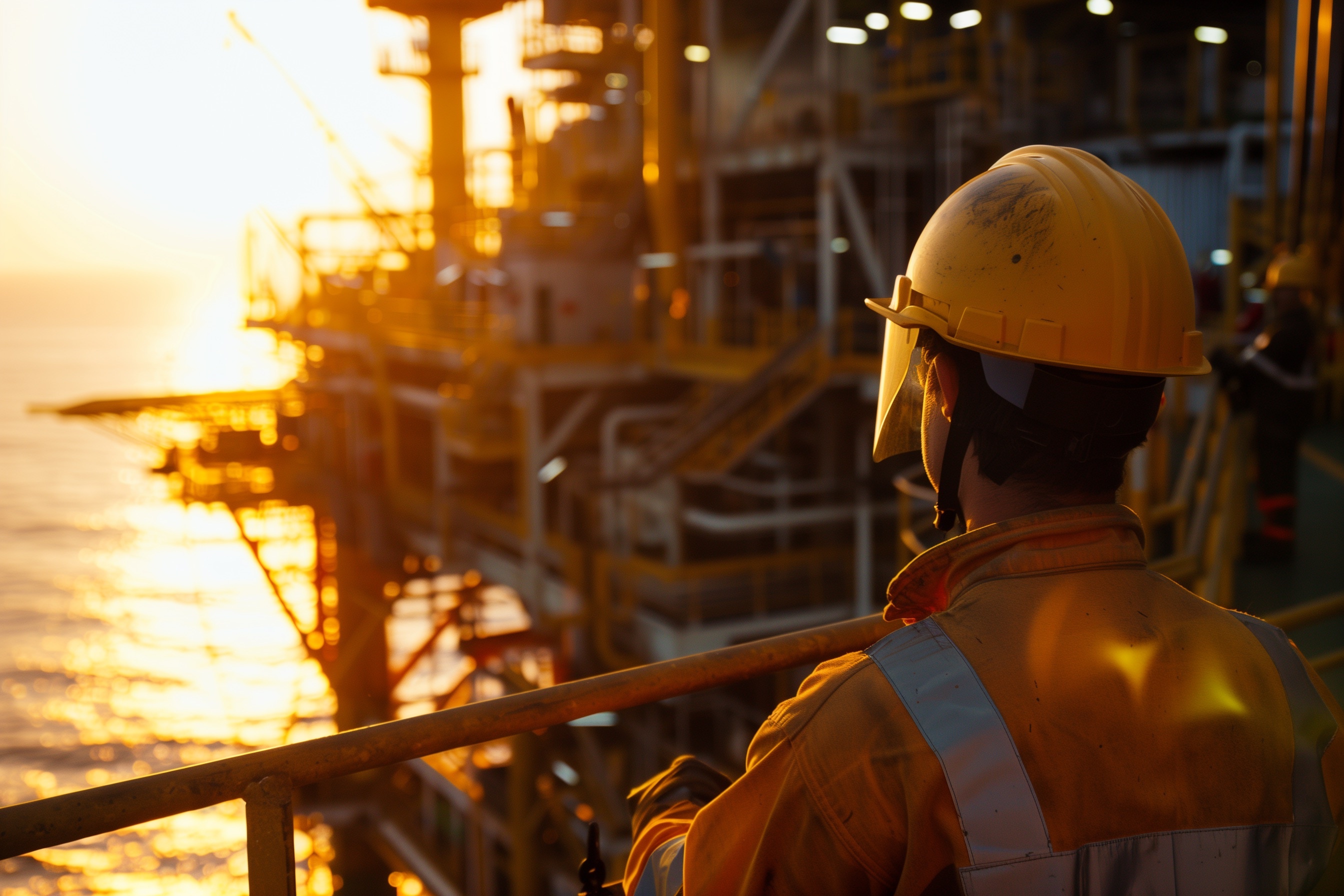 Back view of an oil rig worker wearing a yellow hard hat and reflective gear at sunset, overlooking the offshore platform and ocean.
