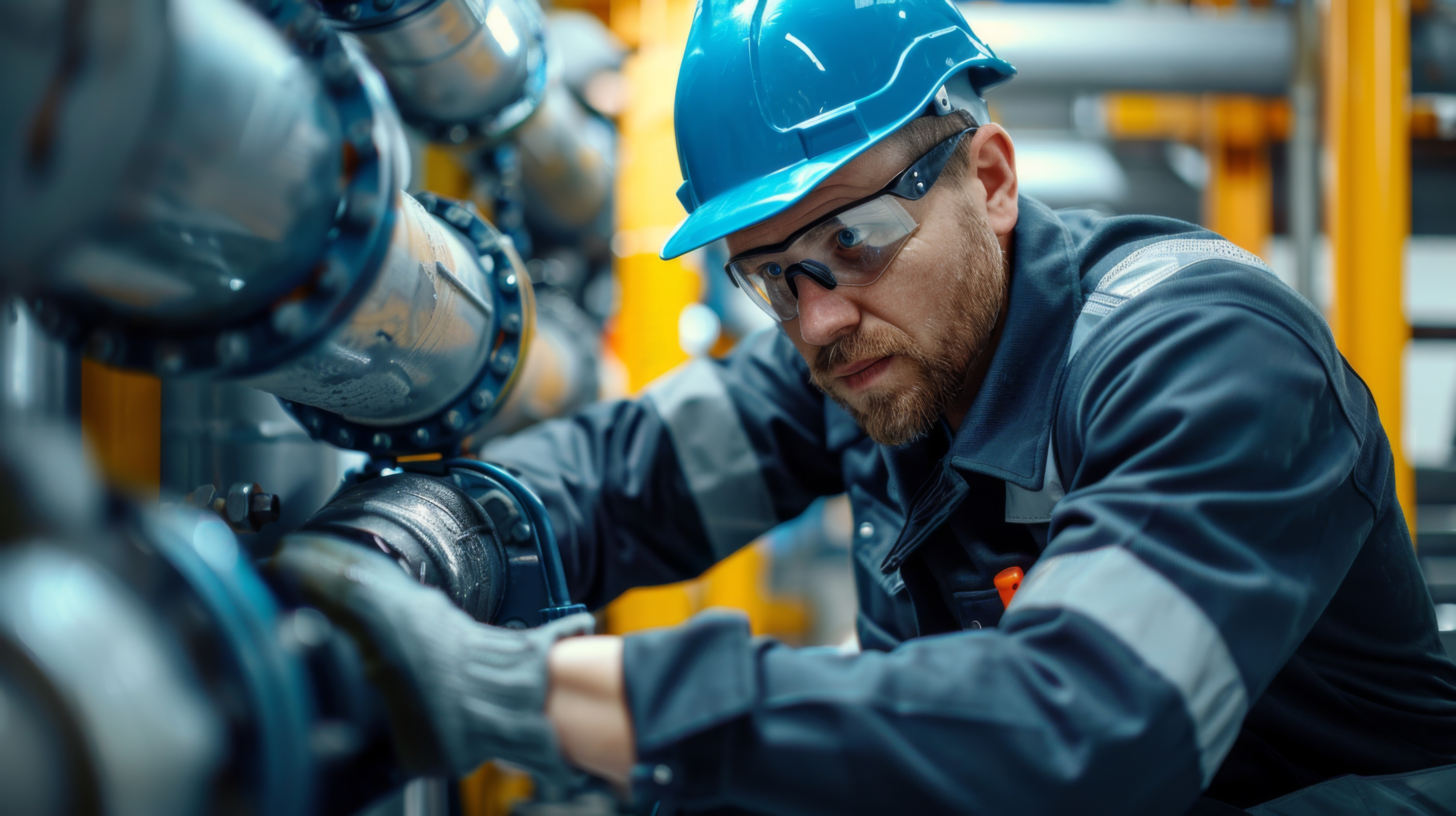 Kiwa PPI employee wearing a blue hard hat and safety glasses inspecting industrial piping in a factory.