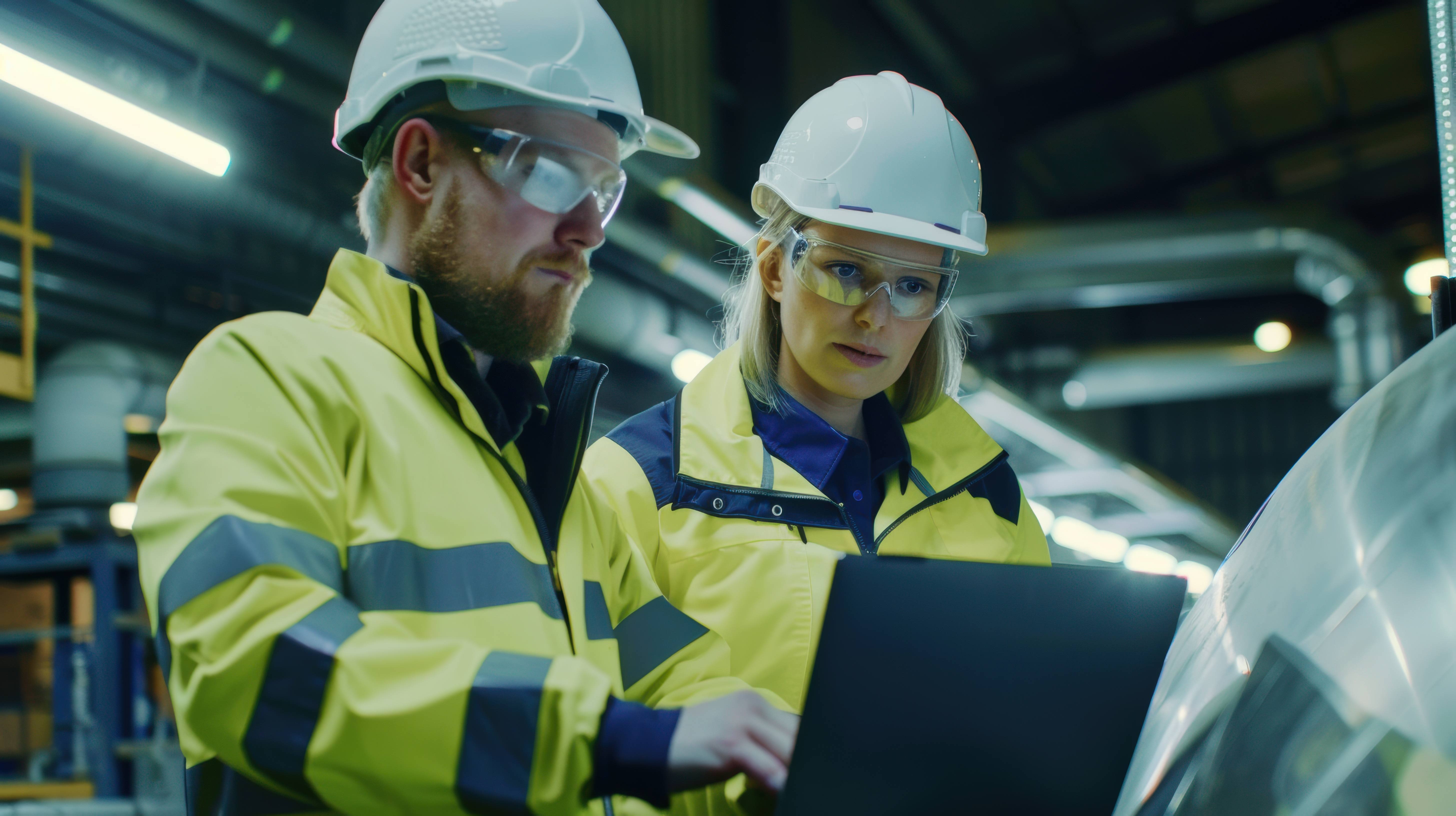 Two Kiwa T2 workers in hard hats and safety glasses reviewing a laptop in a factory or warehouse.