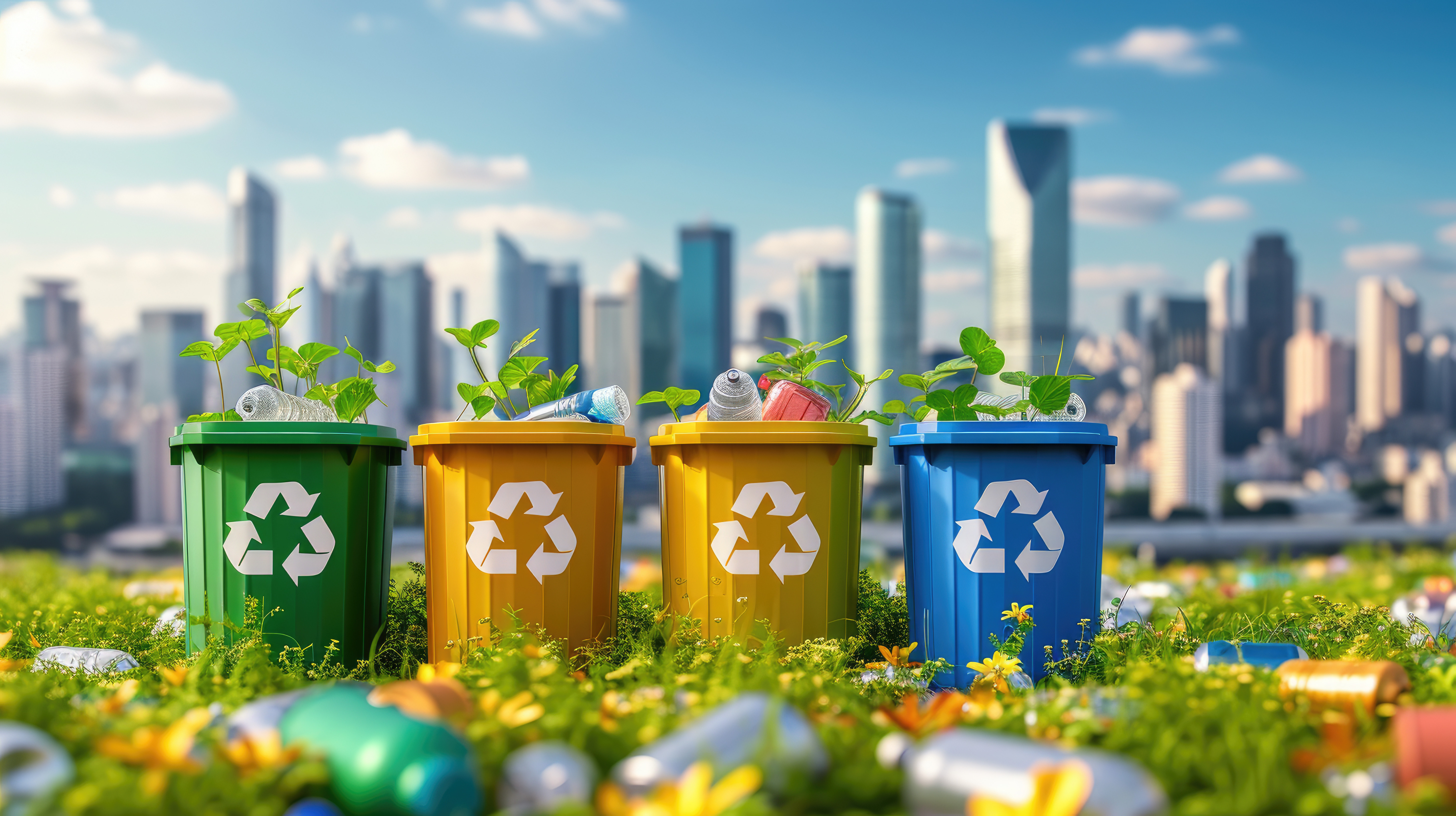 Recycling bins filled with plastic containers and sprouting plants on a grassy field with a city skyline in the background